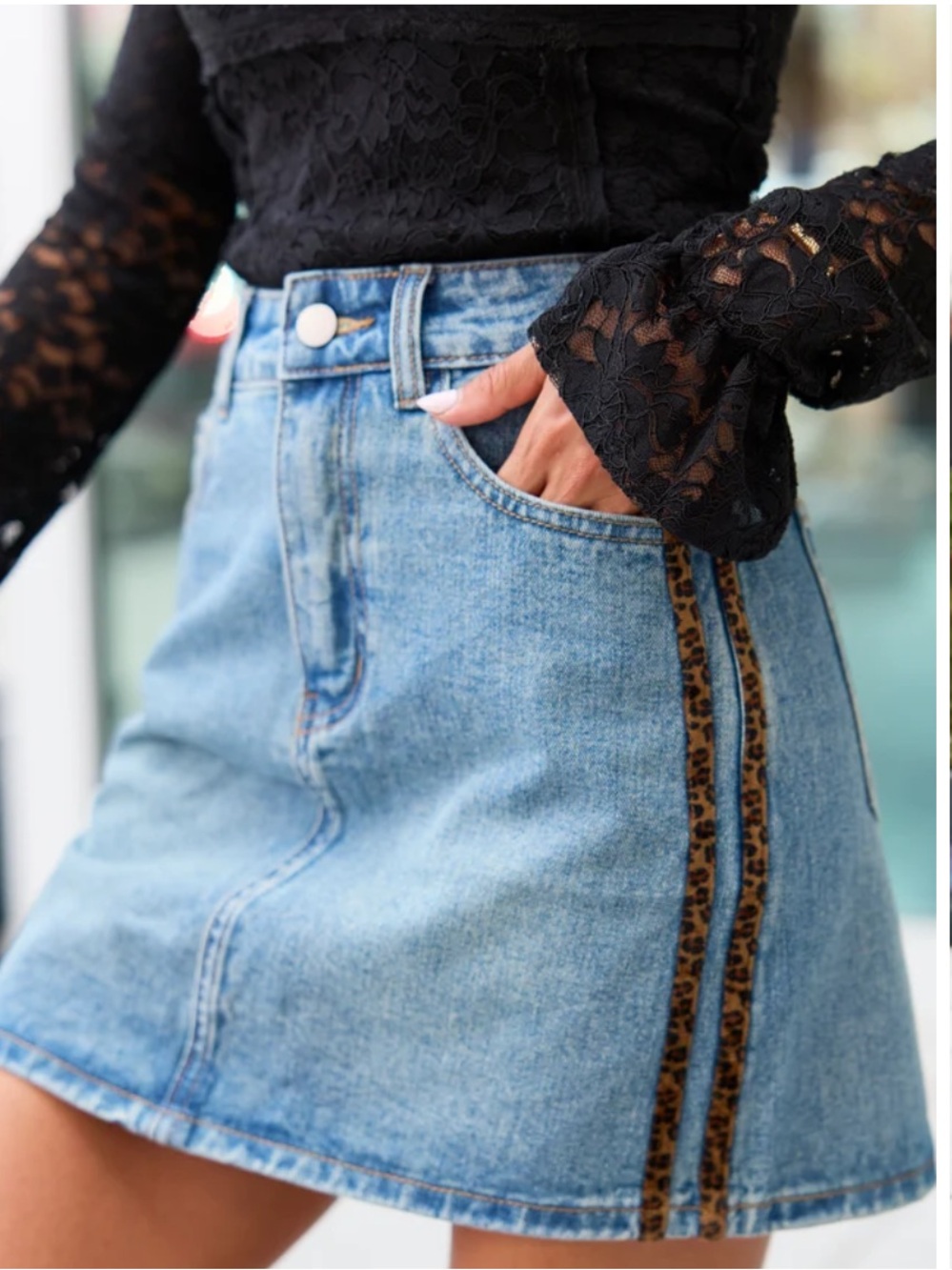 Avery Blue Denim Mini Skirt with Leopard Stripe